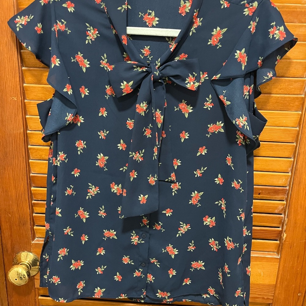 Zara Navy Floral Blouse with Bow